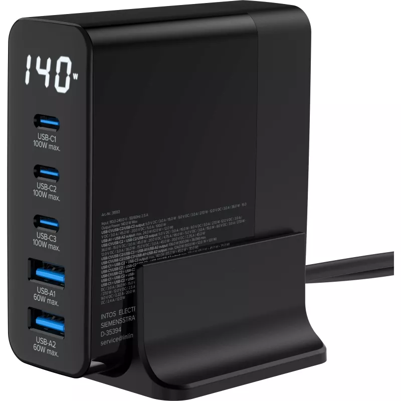 InLine USB PD power supply, GaN charger, 5-port, USB-C + USB-A, 140W, w/display