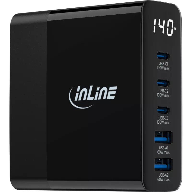 InLine USB PD power supply, GaN charger, 5-port, USB-C + USB-A, 140W, w/display
