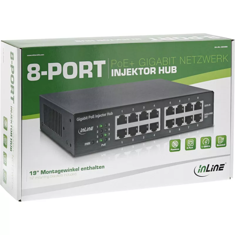 InLine PoE+ Gigabit Network Injector Hub 8 Port (8x PoE+), 1Gb/s, 19 inch 1U