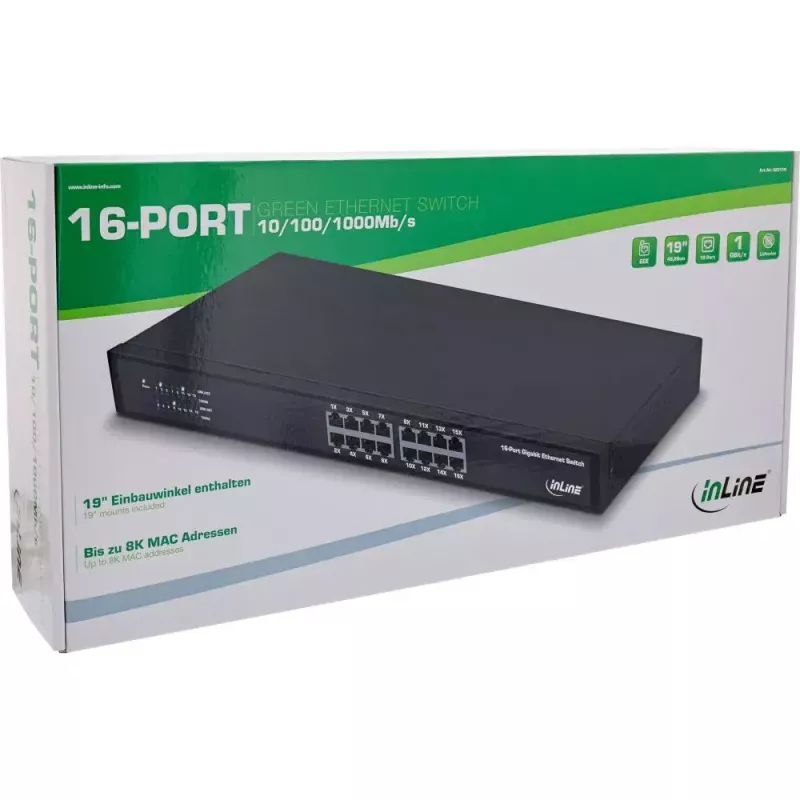 InLine Gigabit Network Switch 16-Port, 1Gb/s, 19 inch 1U, fanless