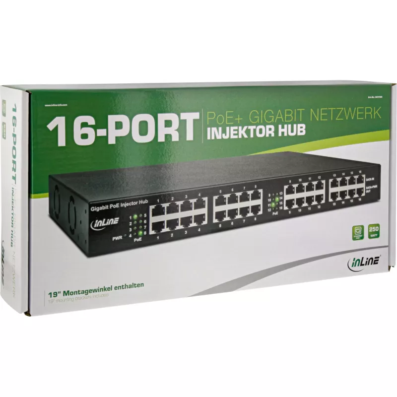 InLine PoE+ Gigabit Injector Hub 16 Port PoE+, 19 Inch1U, brackets included, 2 fans