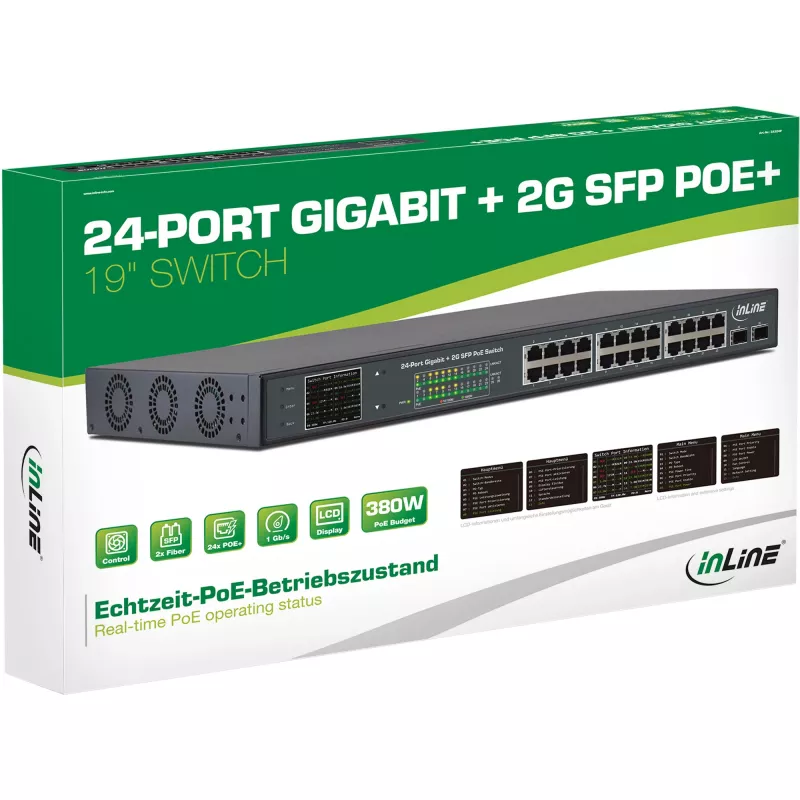 InLine PoE+ Gigabit Network Switch 24 port,1 Gb/s, 2xSFP,19 Inch1U (incl. brackets)