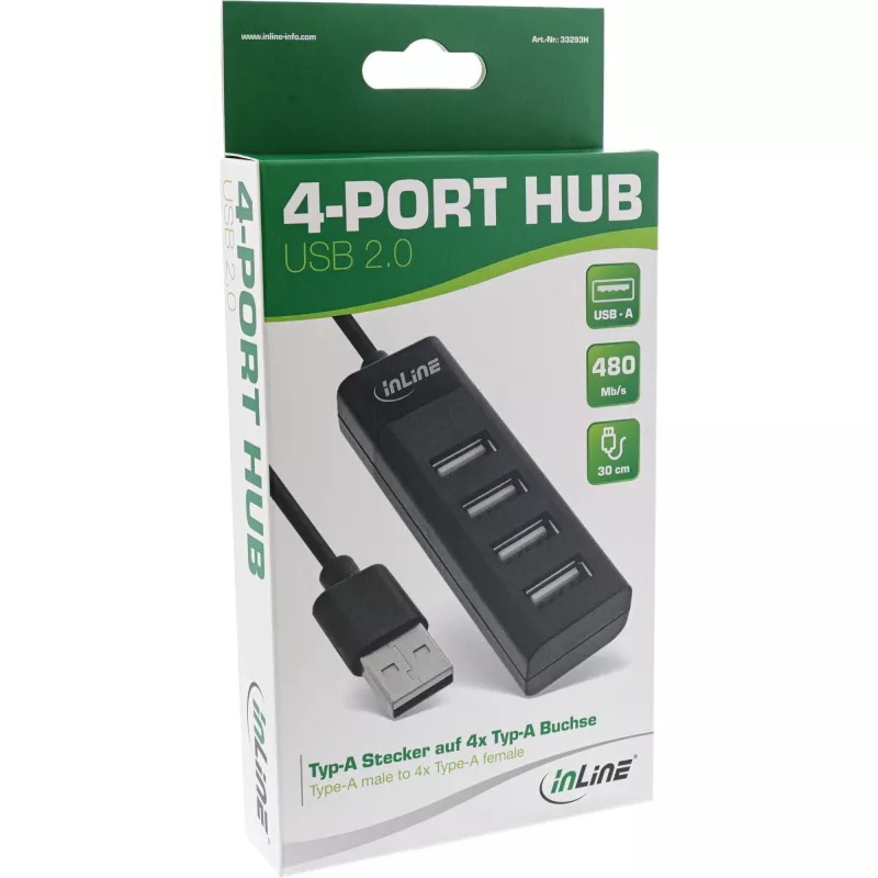 InLine USB 2.0 4-Port Hub, Type-A male to 4x Type-A female, black, 30cm, slim