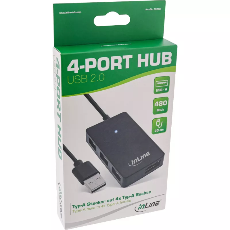 InLine USB 2.0 4-Port Hub, Type-A male to 4x Type-A female, black, 30cm