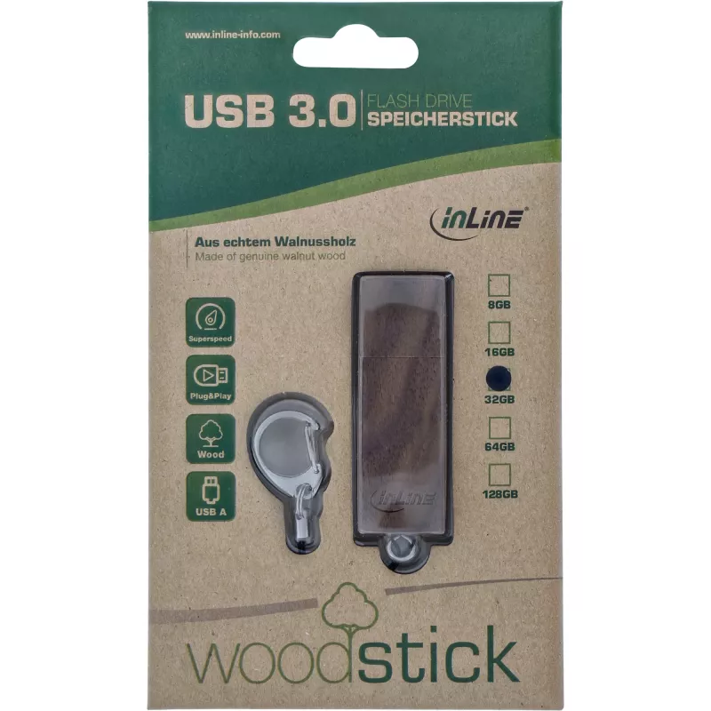 InLine USB 3.0 Flash drive, woodline walnut, with Keychain, 64GB