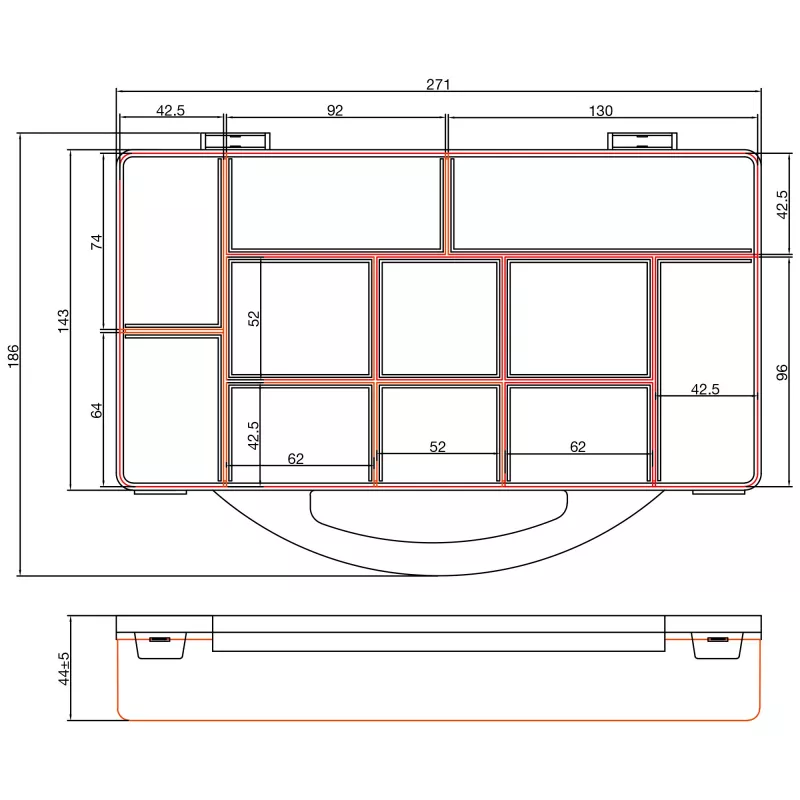 InLine Small Components Box, 11 compartments, 271x186x40mm, orange