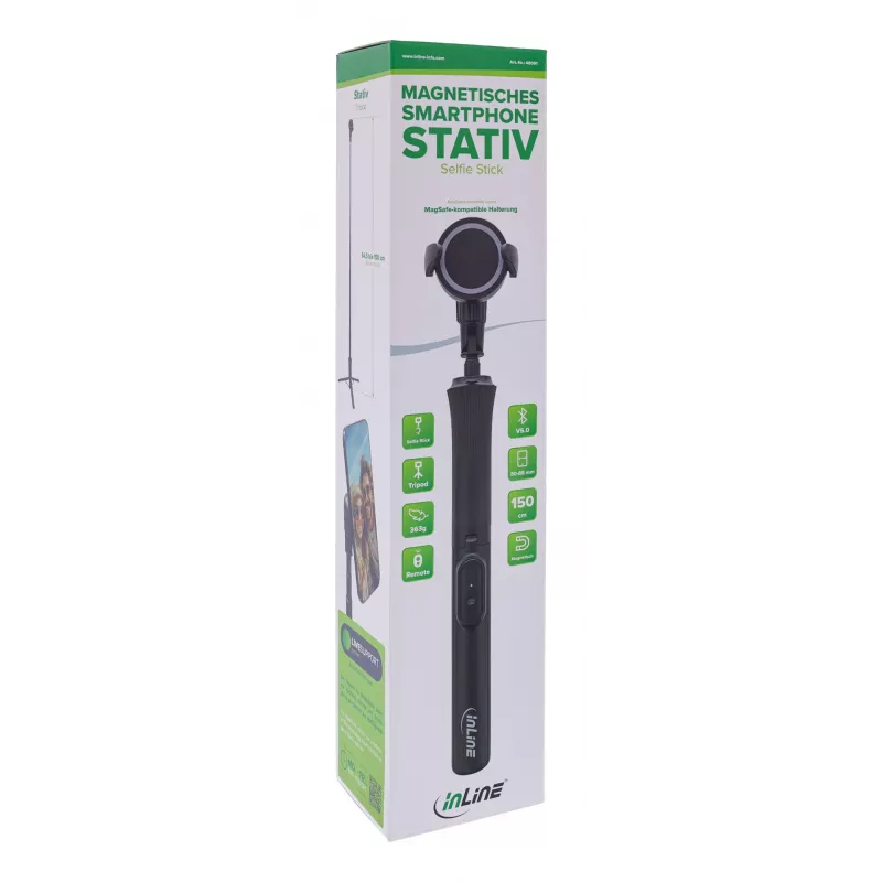 Selfie stick tripod InLine 48091 with Bluetooth remote control — extendable smartphone holder