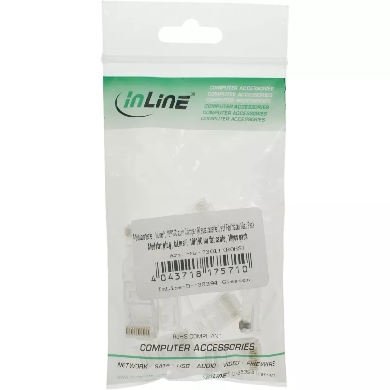 InLine modular plug 10P10C for crimping western jack to ribbon cable, transparent plastic, 10 pcs