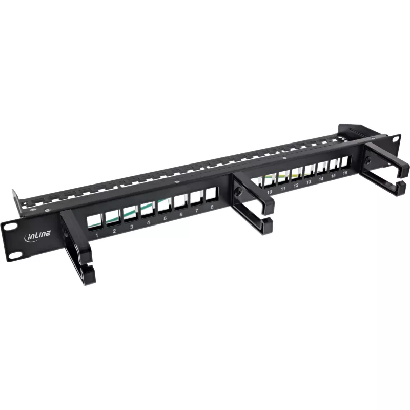 InLine 16-way patch panel, Keystone empty panel with 3 brackets, 19 inch, 1U black