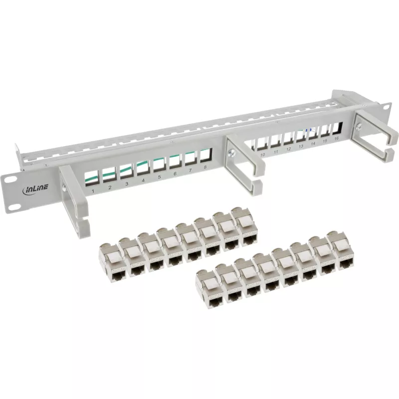 InLine Patch panel Cat.6A 16-way, with 3 brackets, 16 keystones, 19 inch, 1U, grey