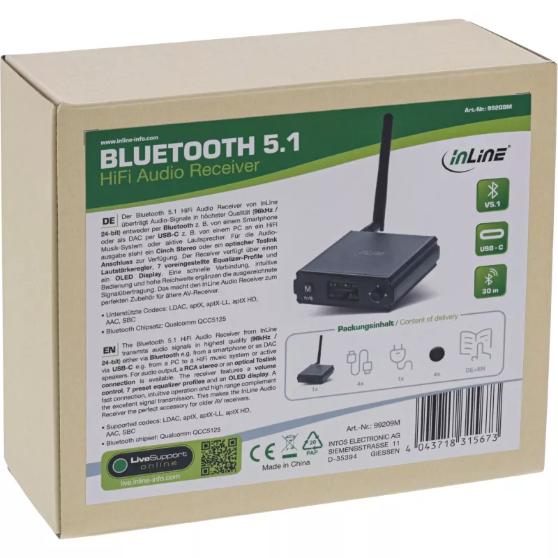 InLine Bluetooth 5.1 HiFi Receiver & USB DAC with LCD 30m Range