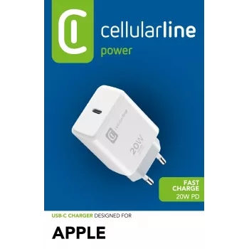 Cellularline USB-C Charger 20W - iPhone 8 or later 20W USB-C mains charger for charging the iPhone 8 and later models at maximum speed