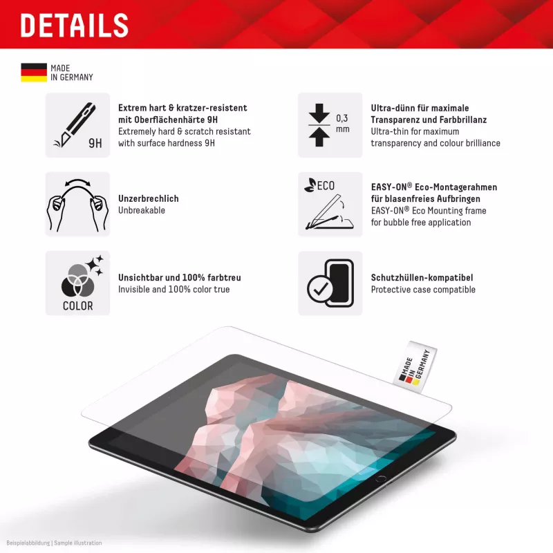 Displex Tablet Glass (9H) for Samsung Galaxy Tab A11/A9, Eco Mounting Frame, unbreakable