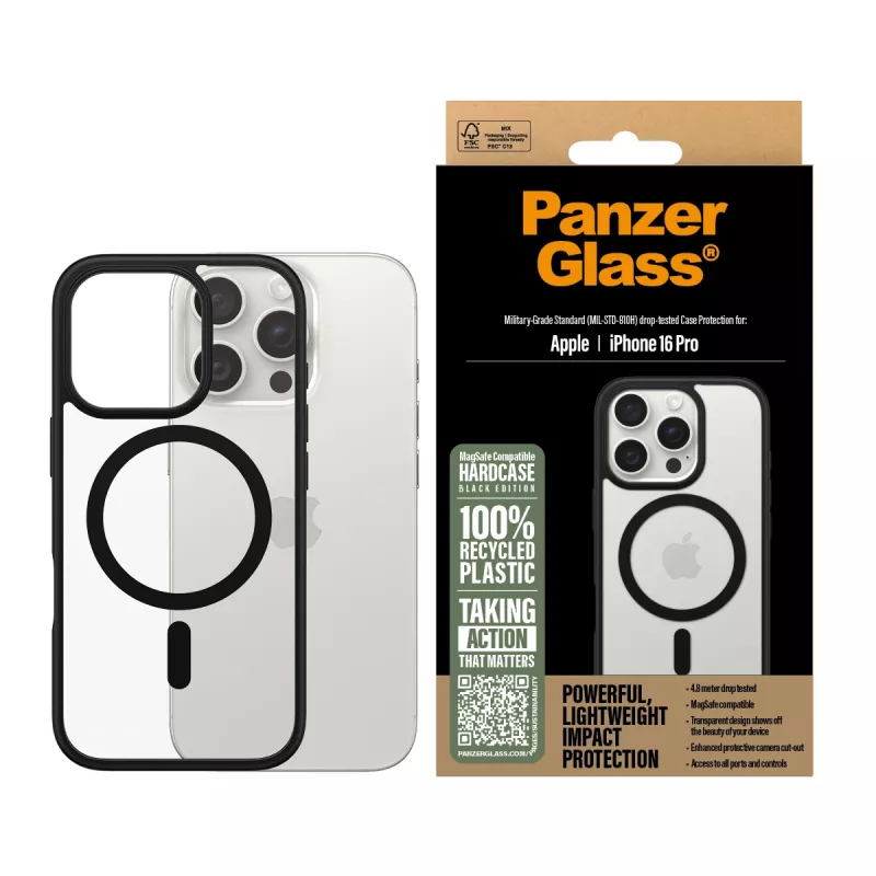 PanzerGlass ® HardCase Transparent w. Black MagSafe & Frame iPhone 16 Pro