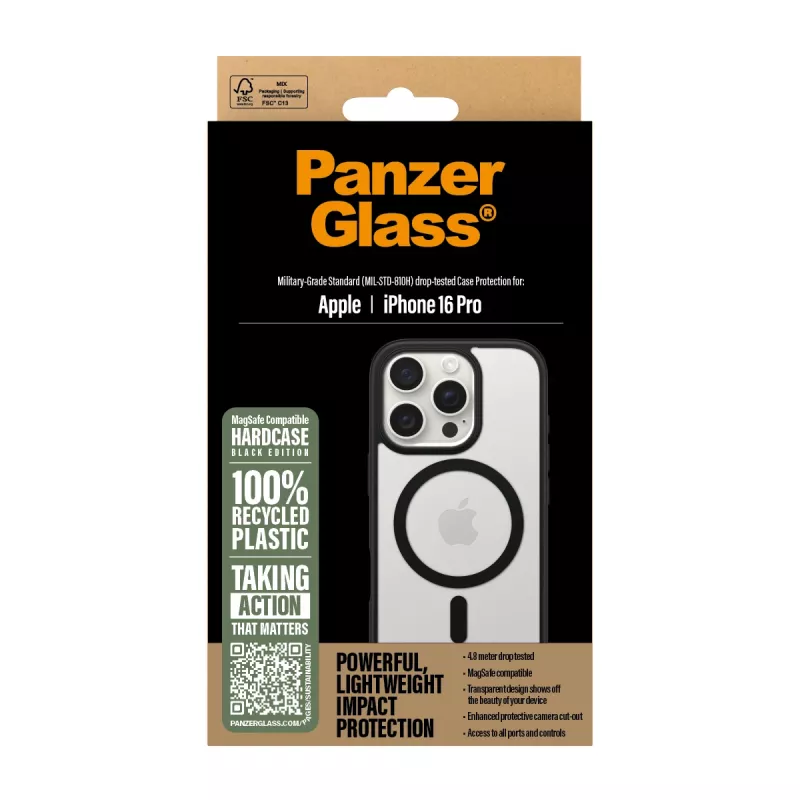 PanzerGlass ® HardCase Transparent w. Black MagSafe & Frame iPhone 16 Pro
