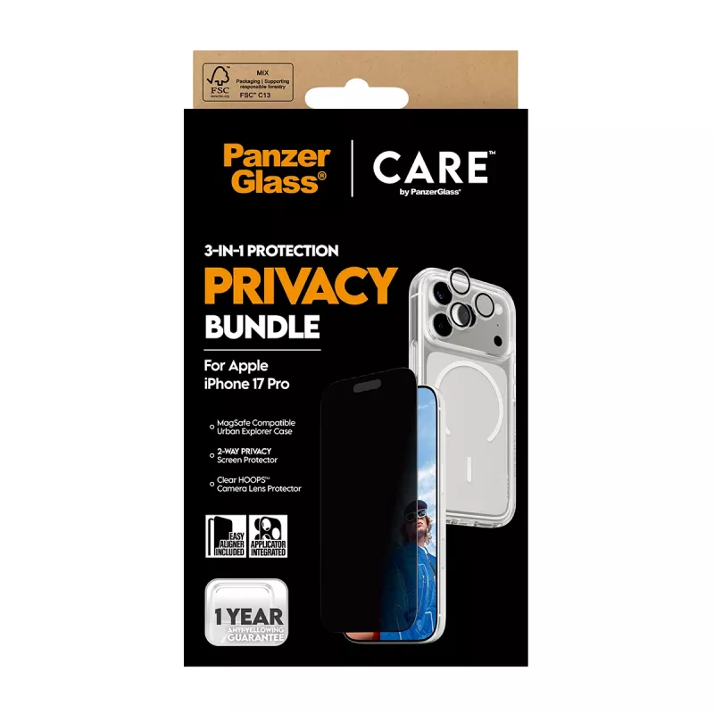 Privacy Case PanzerGlass for iPhone 17 Pro 3-in-1 — CARE series, privacy protection, integrated camera cover