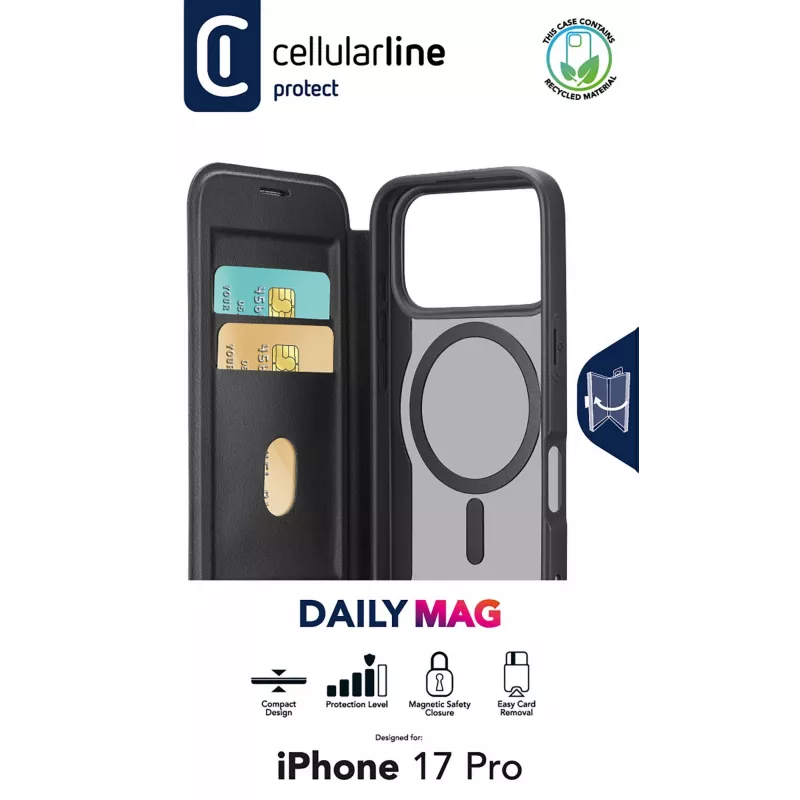 Cellularline Daily Mag - iPhone 17 Pro Book cover with semi-transparent hard back compatible with Magsafe® ecosystem