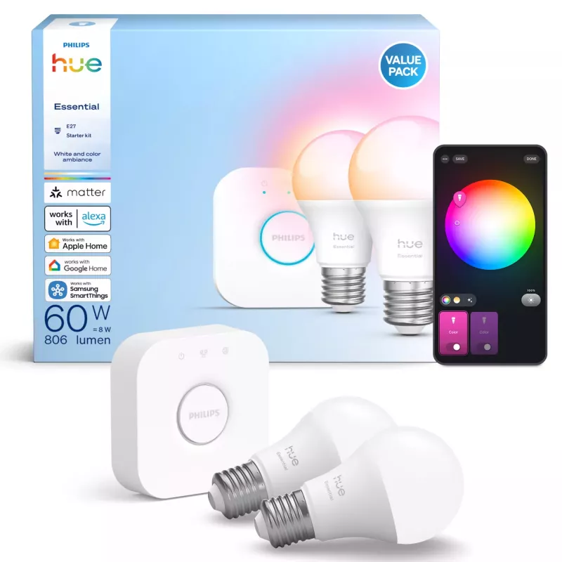 Philips Hue White and colour ambience Essential starter kit: 2 E27 smart bulbs (806 lm)