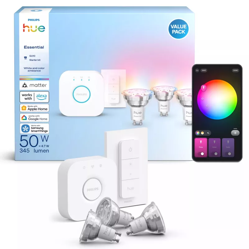 Philips Hue White and colour ambience Essential starter kit: 3 GU10 smart bulbs (345 lm) + dimmer switch