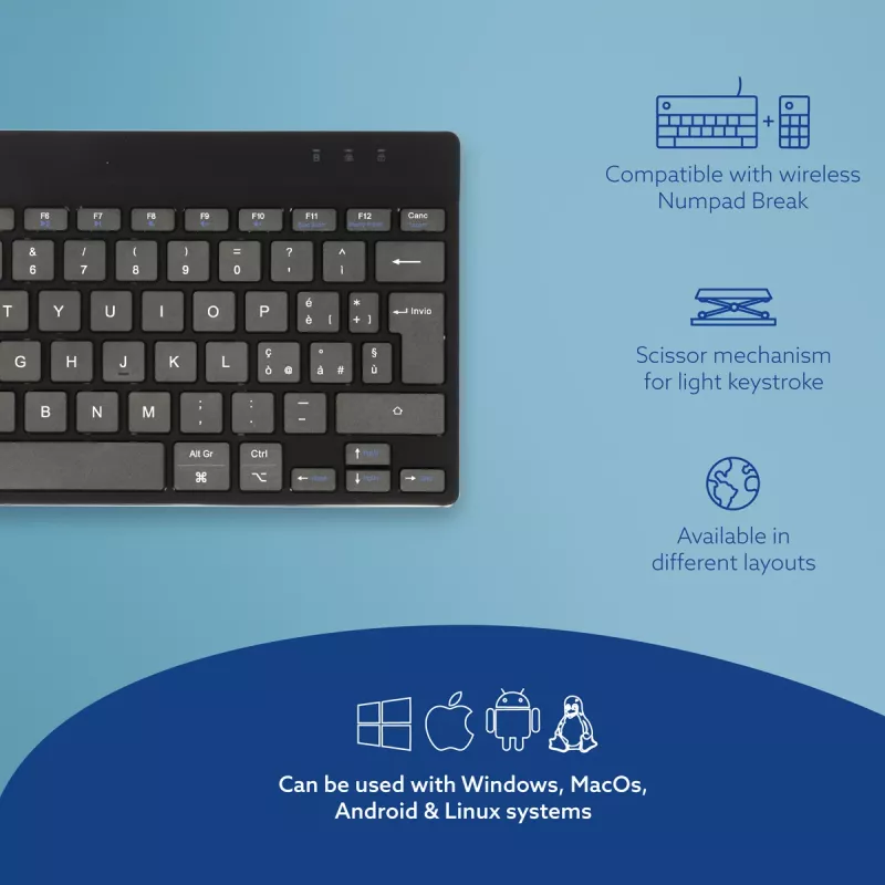 R-Go Tools Ergonomic keyboard R-Go Compact Break, compact keyboard with break software, QWERTY (IT), Bluetooth, black