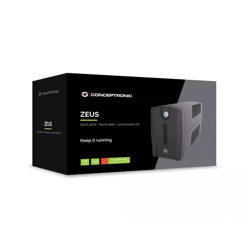 Conceptronic ZEUS01G 650VA 360W UPS, UK socket x 2, HID USB, RJ45 In/Out, AVR
