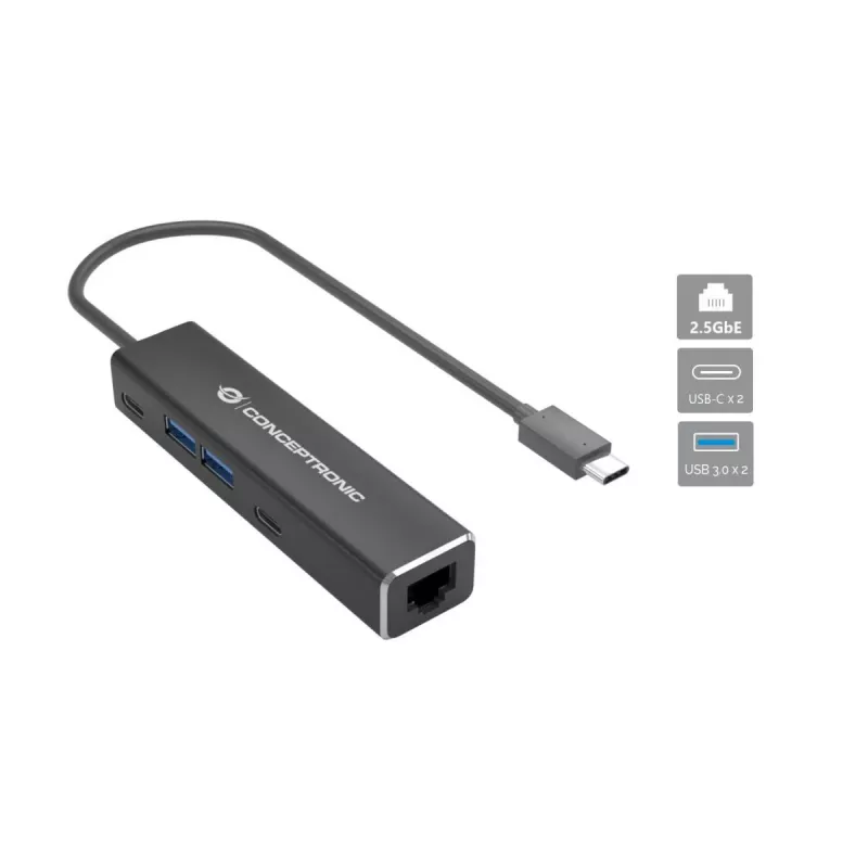 Conceptronic ABBY14B 2.5G Ethernet USB 3.2 Gen 1 Adapter with USB Hub, 2.5GbE, USB-A x 2, USB-C x 2