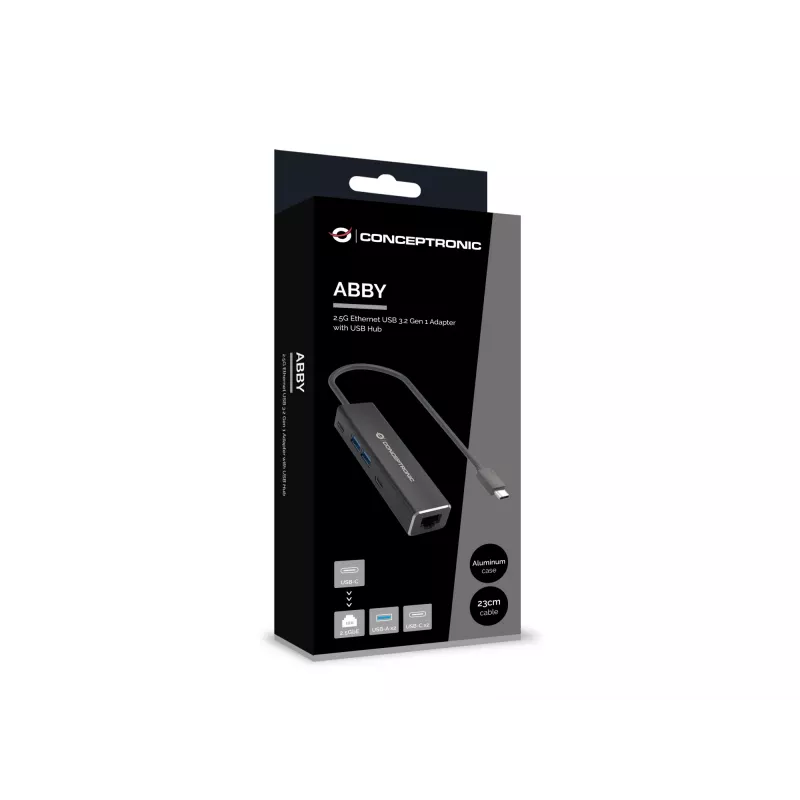 Conceptronic ABBY14B 2.5G Ethernet USB 3.2 Gen 1 Adapter with USB Hub, 2.5GbE, USB-A x 2, USB-C x 2