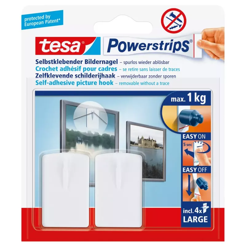 Wall storage hook Tesa 58031-00020 White plastic, max load 1 kg, pack of 2