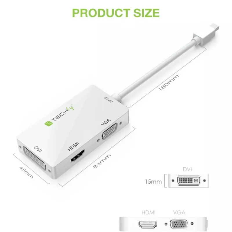 Techly Adapter 3 in 1 Mini DisplayPort (Thunderbolt) to HDMI / DVI / VGA IADAP MDP-COMBOF12