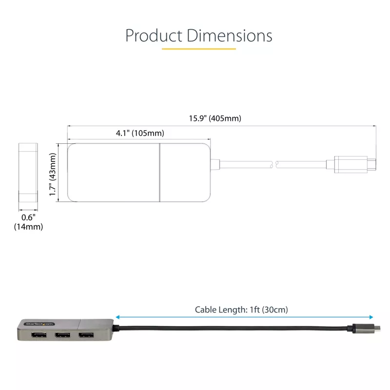 StarTech.com 3-Port USB-C Multi-Monitor Adapter, USB Type-C to 3x DisplayPort 1.4 MST Hub, Triple 4K 60Hz DP Laptop Display Extender / Splitter, HDR, Extra-Long Built-In Cable - Windows Only