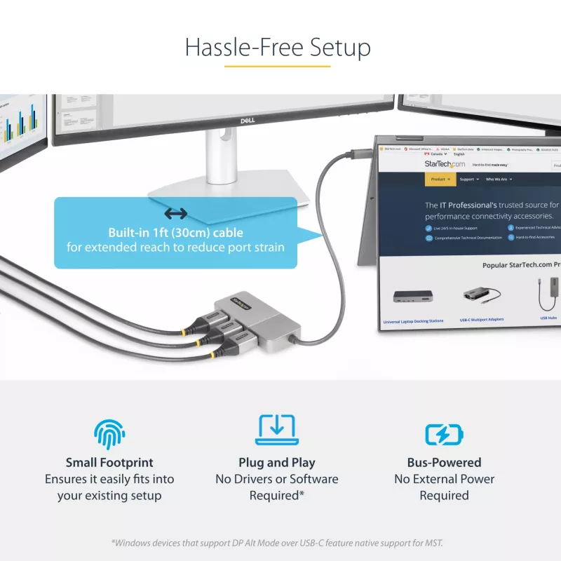 StarTech.com 3-Port USB-C Multi-Monitor Adapter, USB Type-C to 3x DisplayPort 1.4 MST Hub, Triple 4K 60Hz DP Laptop Display Extender / Splitter, HDR, Extra-Long Built-In Cable - Windows Only