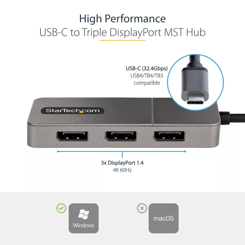 StarTech.com 3-Port USB-C Multi-Monitor Adapter, USB Type-C to 3x DisplayPort 1.4 MST Hub, Triple 4K 60Hz DP Laptop Display Extender / Splitter, HDR, Extra-Long Built-In Cable - Windows Only