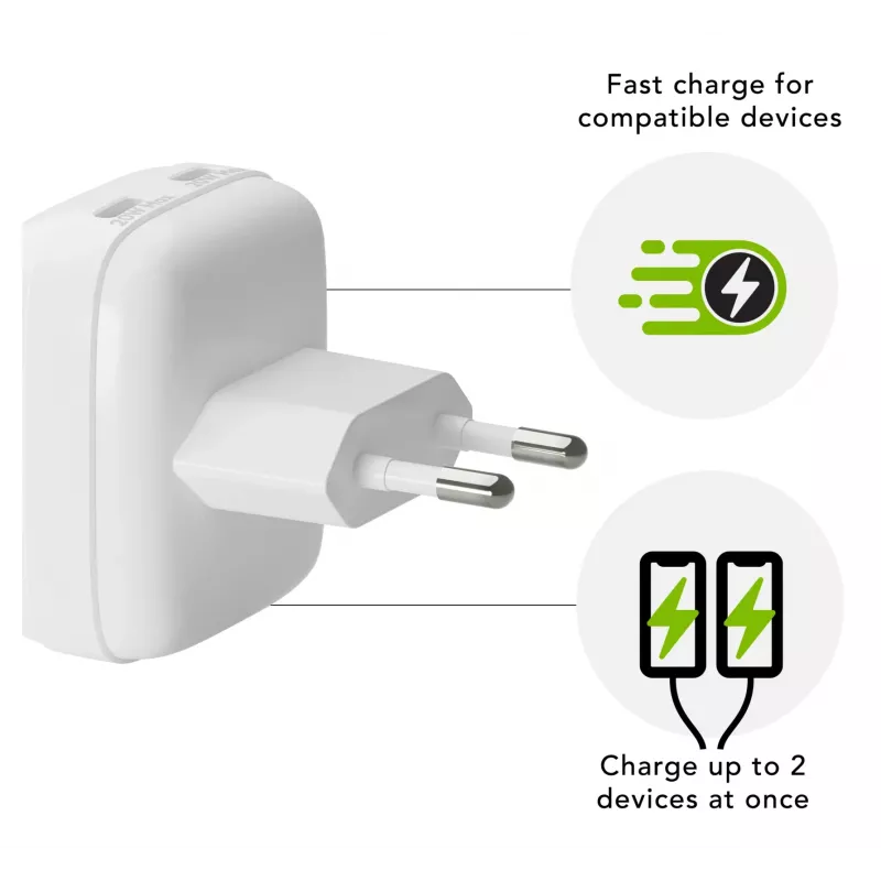 Wall Charger d bramante re-charge Pro EU Flat 2×USB-C 20W White (indoor)