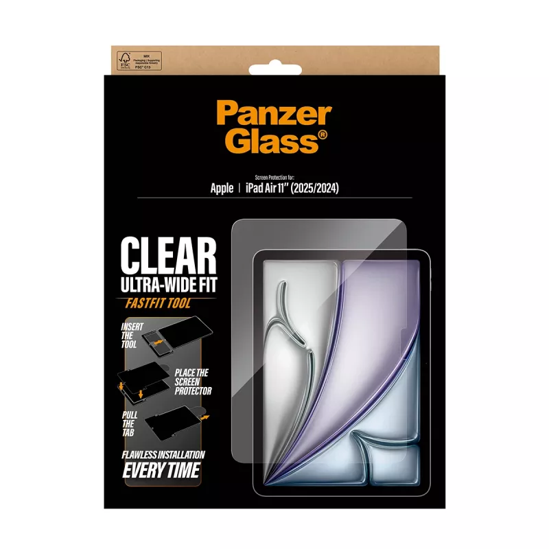 Screen Protector PanzerGlass for iPad Air 11 inch (2024–2026) Ultra‑Wide Fit, tempered glass, FastFit tool