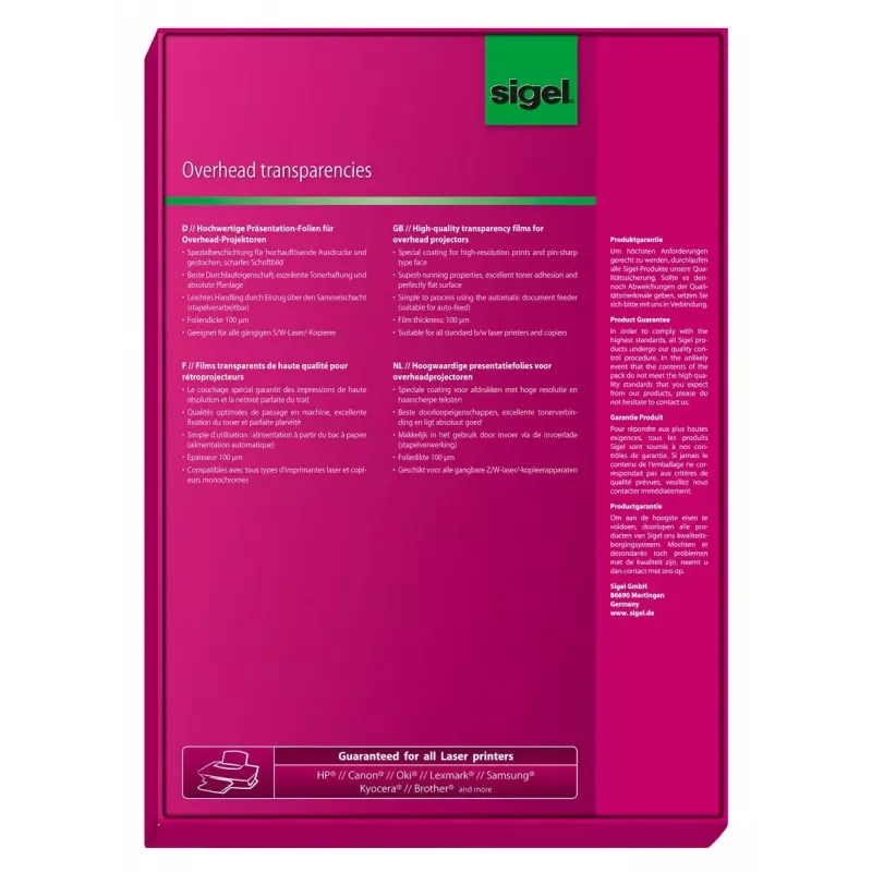 Printing film Laser Sigel LF419 A4 210×297 mm Transparent 100 sheets