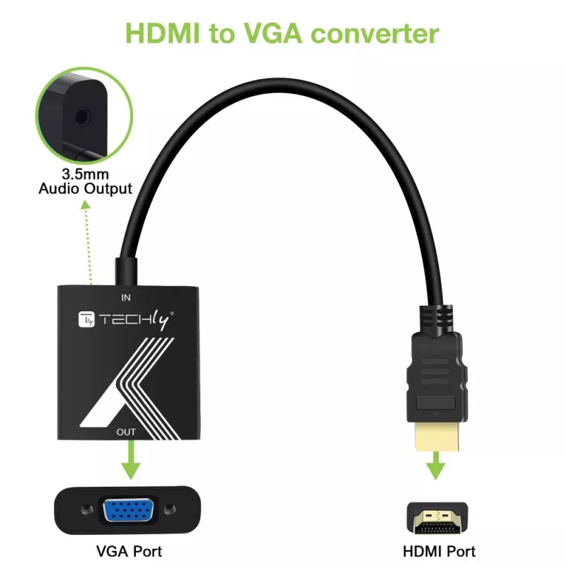 Techly Cable Adapter Converter HDMI to VGA with audio jack plug
