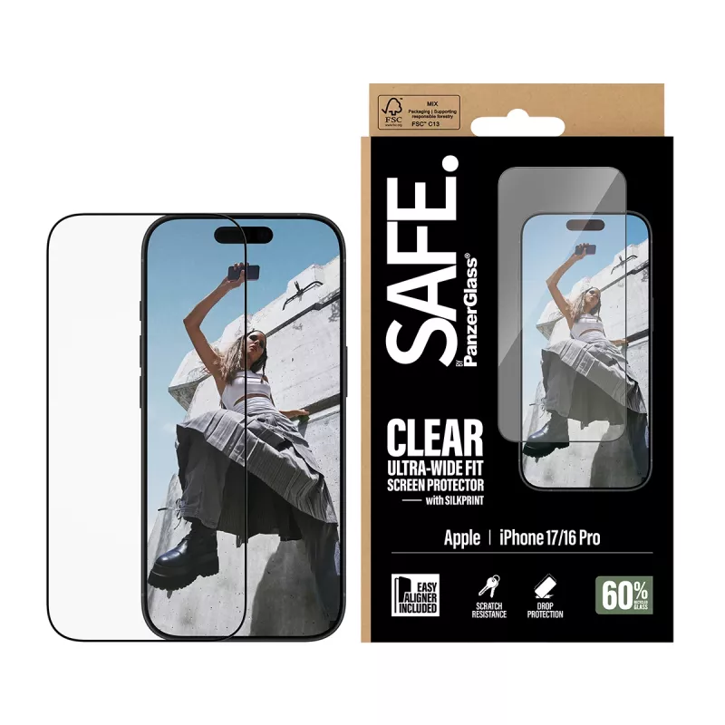 PanzerGlass SAFE. by ® Screen Protector w. Black Frame iPhone 17 | 16 Pro | Ultra-Wide Fit w. EasyAligner