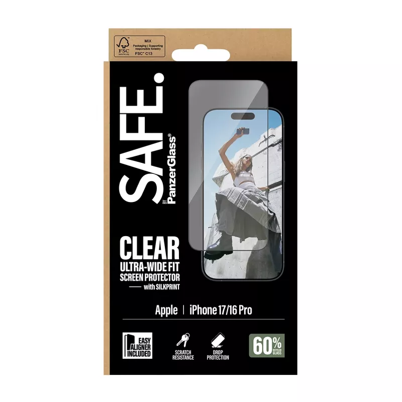 PanzerGlass SAFE. by ® Screen Protector w. Black Frame iPhone 17 | 16 Pro | Ultra-Wide Fit w. EasyAligner
