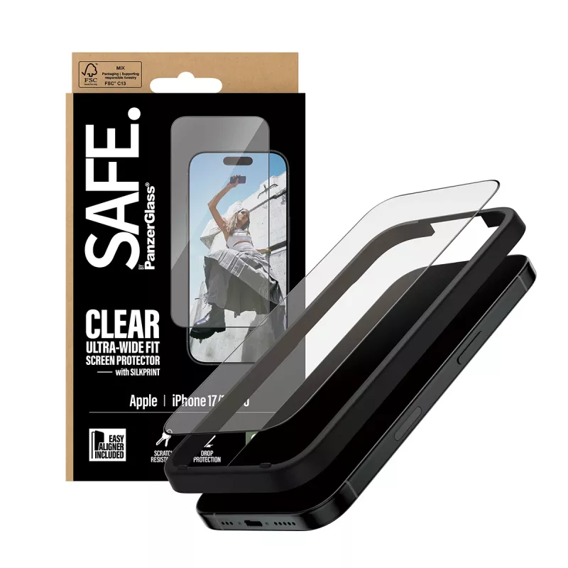 PanzerGlass SAFE. by ® Screen Protector w. Black Frame iPhone 17 | 16 Pro | Ultra-Wide Fit w. EasyAligner