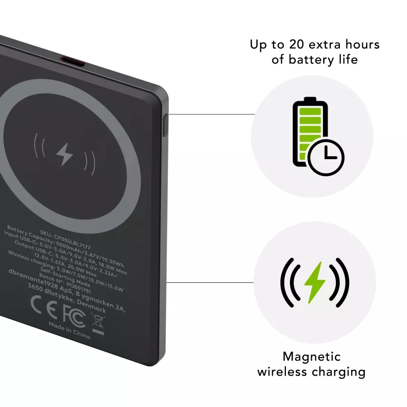 dbramante1928 re-charge - Power Bank 5K Wireless - Grey, 5000 mAh, Wireless charging, 3.87 V, Grey
