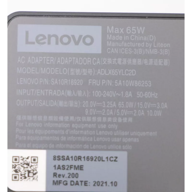 Lenovo 5A10W86253 power adapter/inverter Indoor 65 W Black