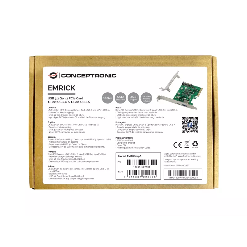 Conceptronic EMRICK USB 3.2 Gen 2 PCIe Card, 1-Port USB-C & 1-Port USB-A
