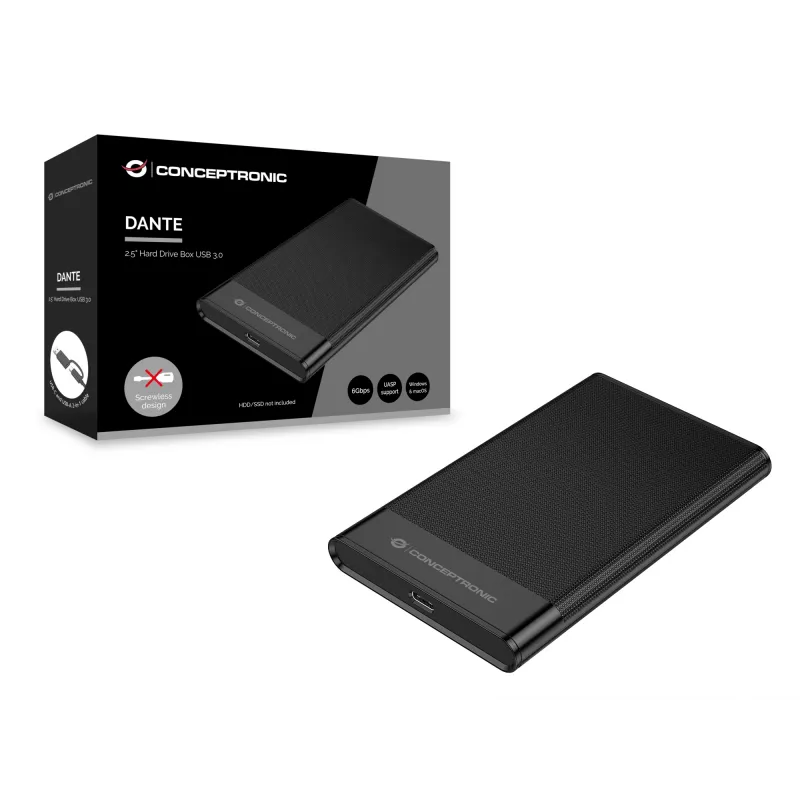 Conceptronic DANTE06B 2.5 inch Hard Drive Box USB 3.0, HDD/SSD enclosure, 2.5 inch, Serial ATA III, 6 Gbit/s, USB connectivity, Black