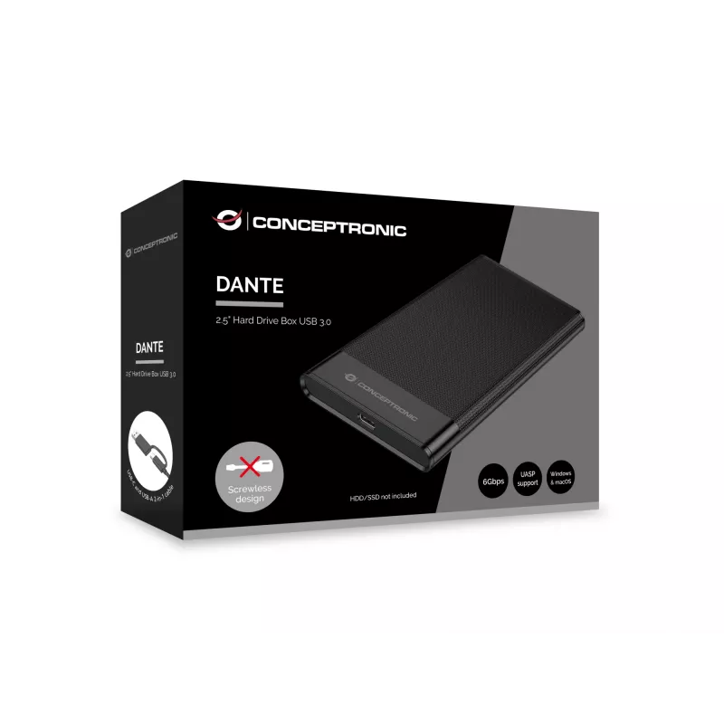 Conceptronic DANTE06B 2.5 inch Hard Drive Box USB 3.0, HDD/SSD enclosure, 2.5 inch, Serial ATA III, 6 Gbit/s, USB connectivity, Black