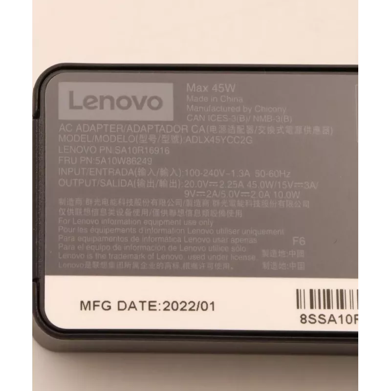 AC adapter Lenovo 45W USB-C 5A10W86249 — 45 W USB-C power supply for laptops and devices