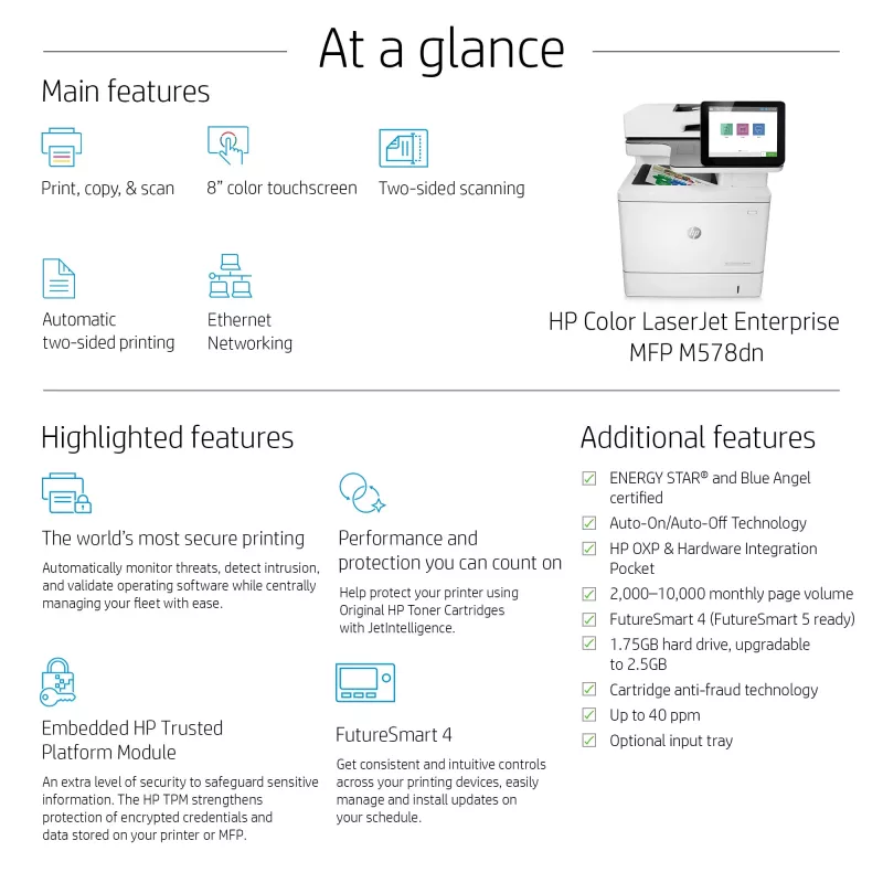 HP Color LaserJet Enterprise MFP M578dn, Laser, Colour printing, 1200 x 1200 DPI, A4, Direct printing, White