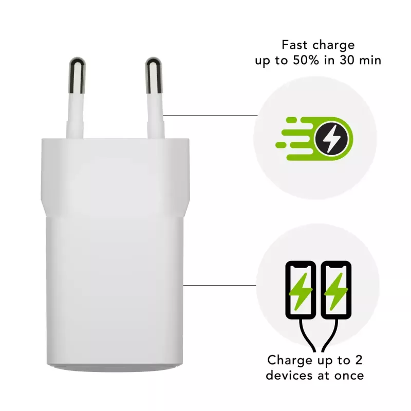 Indoor USB-C 30W + USB-A 18W Charger by d bramante — model CH18EUWH7082, White, AC 110–240V