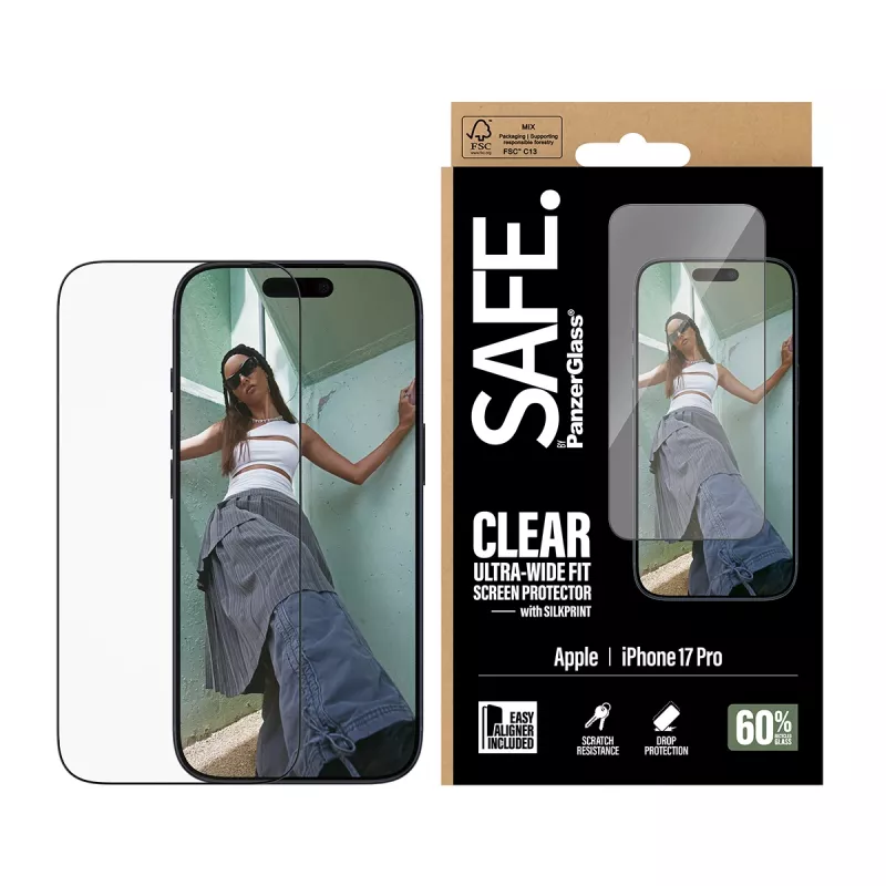 Screen protector PanzerGlass SAFE. by for iPhone 17 Pro — Ultra-wide PET film with black frame, dry application, scratch and shock resistant