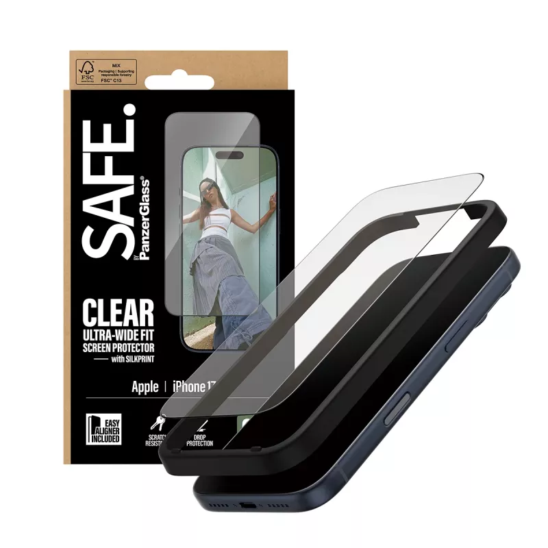 Screen protector PanzerGlass SAFE. by for iPhone 17 Pro — Ultra-wide PET film with black frame, dry application, scratch and shock resistant