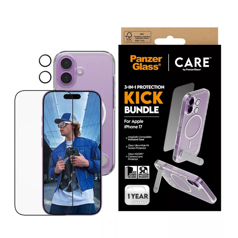 Protective case PanzerGlass CARE Feature Kick 3w1 for iPhone 17 with built-in screen glass and camera lens protection